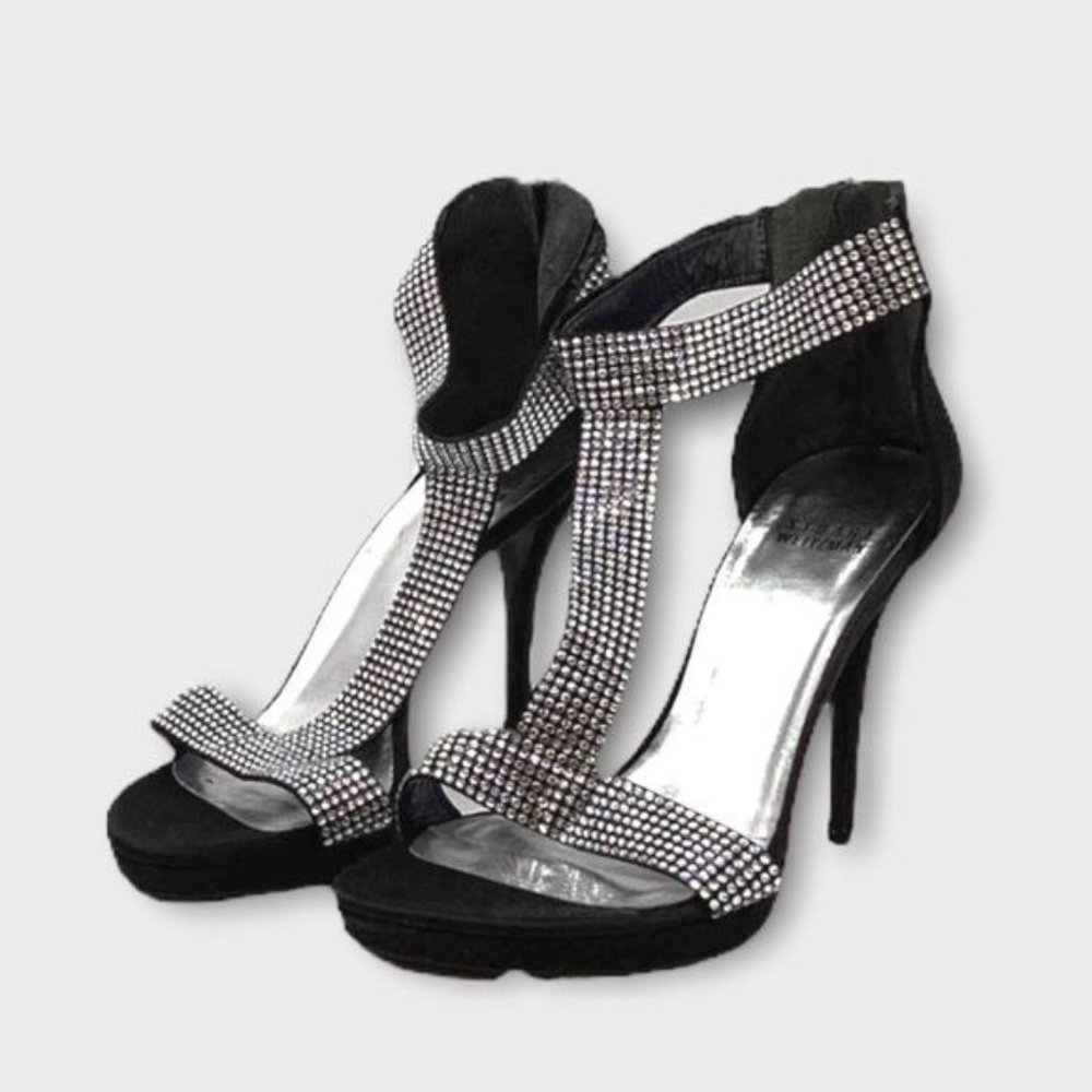Stuart WEITZMAN shoes: Black stiletto sandals crystal straps back zip size 38